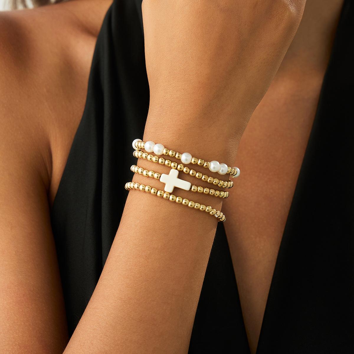 

Hip Hop Cross Bracelet Set, Design Imitation Pearl Irregular Ccb Beaded Jewelry