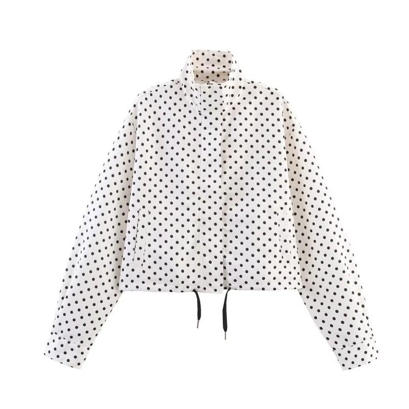 Womens Stand Collar Long Sleeve Colorblock Polka Dot Drawstring Jacket Short Outerwear