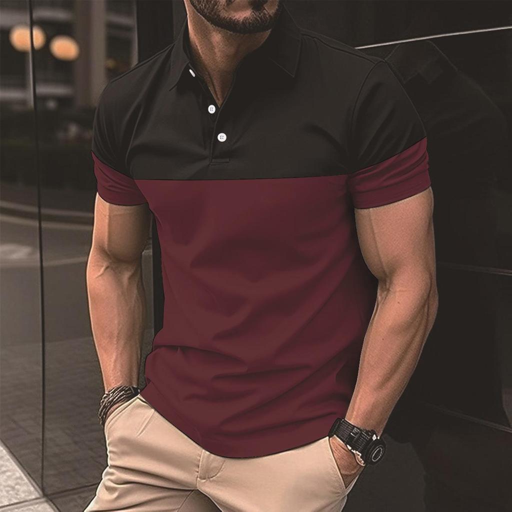 New Fashion Men's Casual POLO Shirt Fashion V-neck Button Business Colour Blocking T-shirt Tops