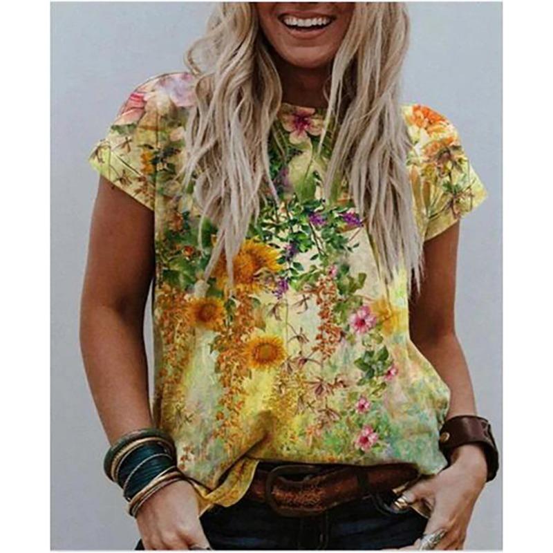 Summer Women's Loose Round Neck Pullover Fashionable Trendy Simple 3D Digital Printed Women's Short Sleeved T-shirt