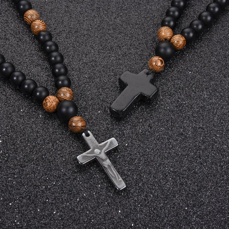 Handgefertigte schwarze Onyx-Kreuz-Halskette für Männer mit geometrischem Design und Perlenkette