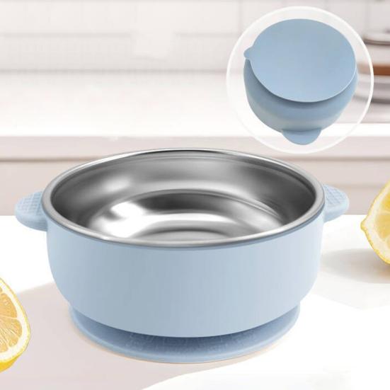 Baby Feeding Bowl Stainless Steel Double Layer Rice Bowl with Suction Base BPA-Free Soup Bowl Double Handle Food Containers