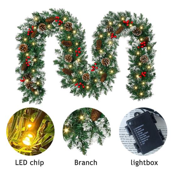 Artificial Christmas Garland with 50 LED Lights Battery Operated Prelit Greenery Garland with Pine Cones Red Berries for Mantle Staircase Doorway