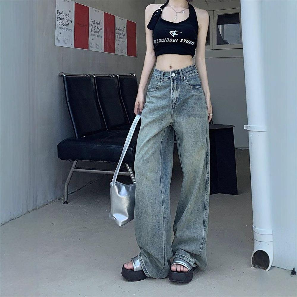 High Street Wide Leg Jeans Women's Retro Spring and Autumn Big Yards Small People Straight Drag Ground Trousers Jeans for Women Long Denim Pants