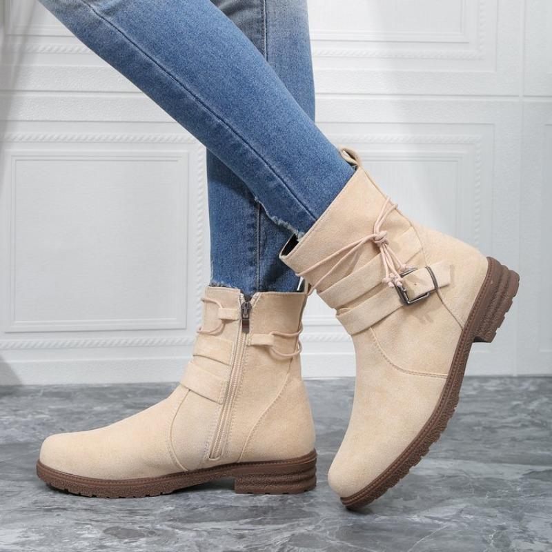 Damenstiefel Herbst und Winter neu Retro große Größe Seitenreißverschluss runde Spitze niedriger Absatz Zigaretten-Lokomotivstiefel