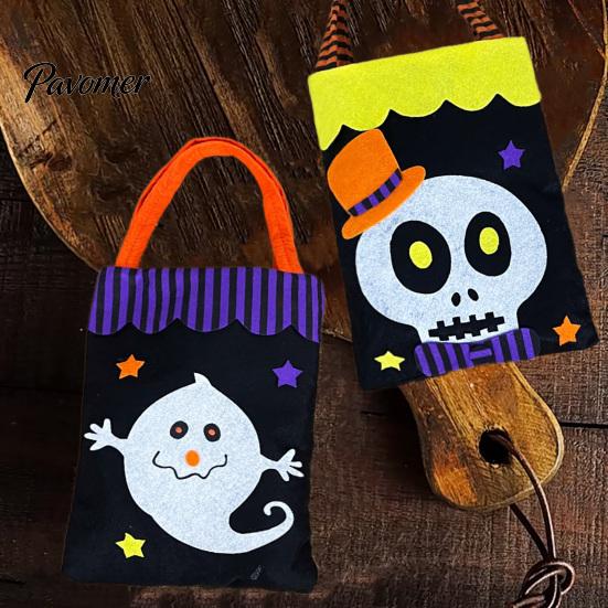 Pumpkin Ghost Printed Totes Halloween Candy Bags, Non-Woven Trick or Treat Tote Bags with Handles, Lightweight Portable Gift Pouches Cute Black