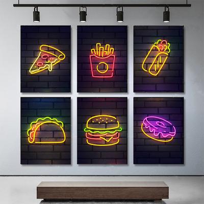 Kolorowe Fast Food Neonowe malarstwo na płótnie Frytki Napój Pizza Burger Ikony Street Art Plakaty do dekoracji ścian w jadalni