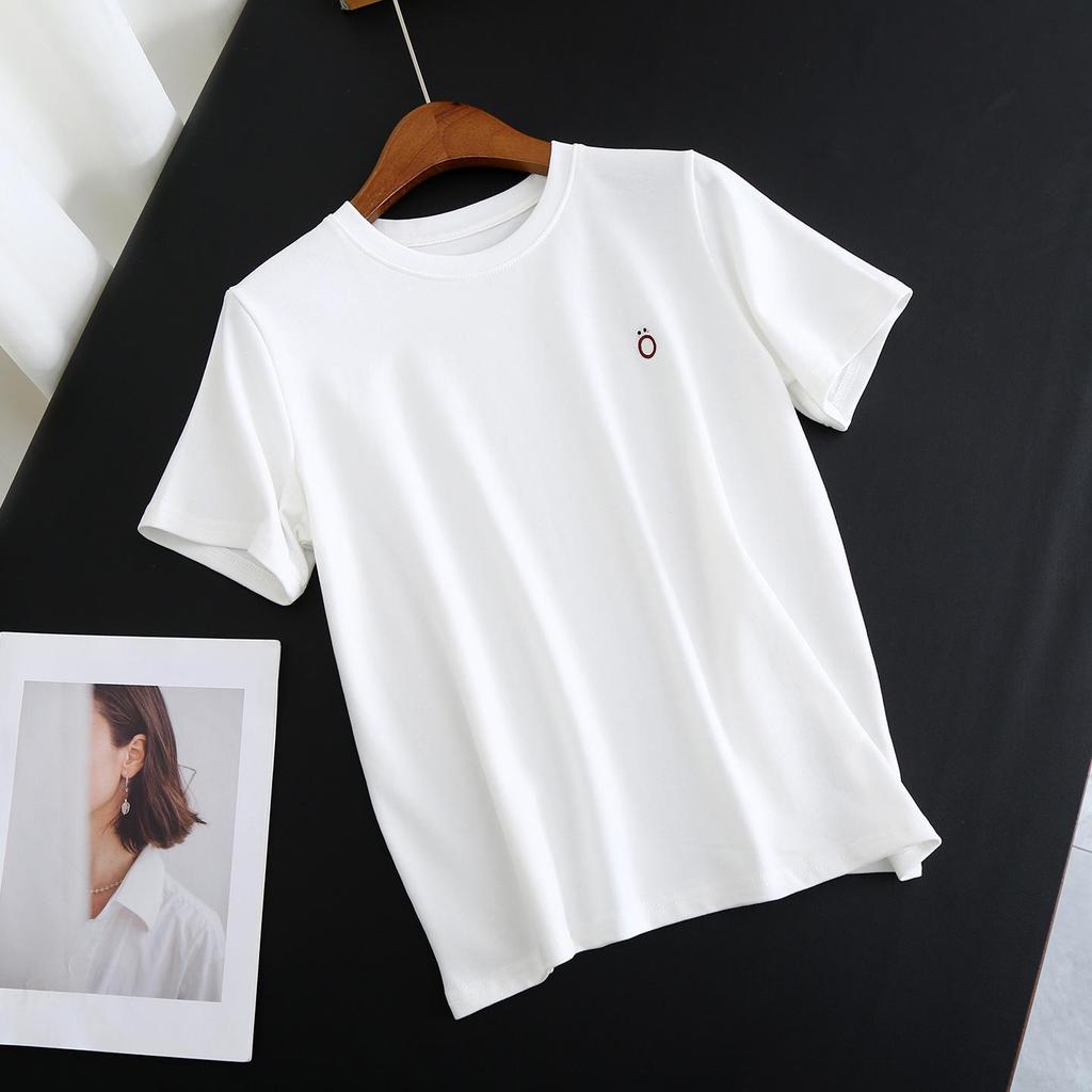 Women's Summer Embroidered Short-Sleeve T-shirt: Versatile Solid Color Base Layer Tee