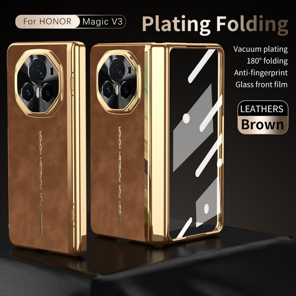 

All-inclusive Leather Plated with Front Tempered Glass Protector Case For Honor Magic V 3 Magic V3 Camera Protection Cover For Honor Magic V3