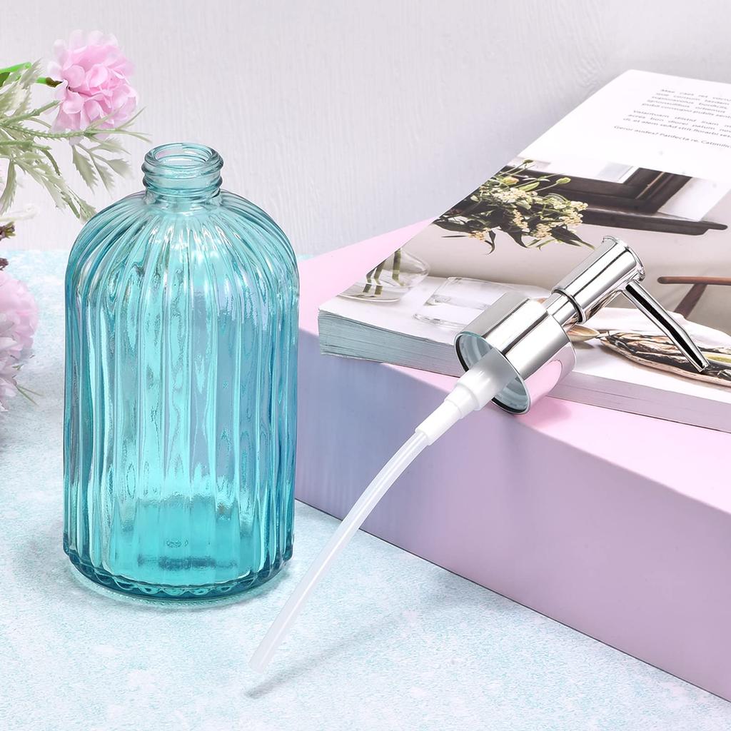 Uxcell Soap Dispenser Set Glass Dish Hand Soap Dispenser with Pump for Kitchen Toilet Silver Blue 400ml