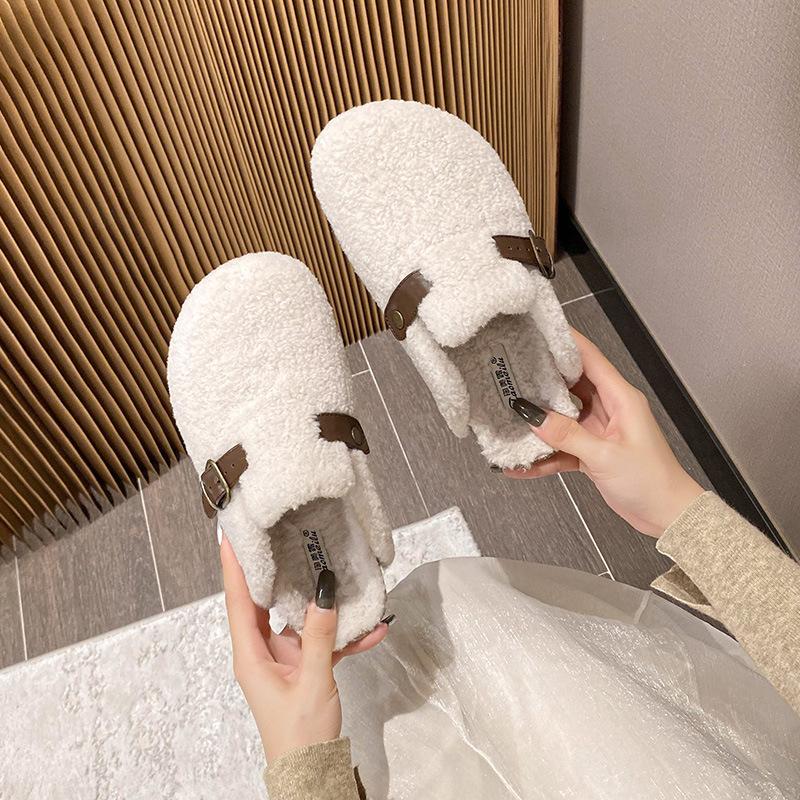 

Thick-soled fluffy shoes women wear in autumn and winter new Internet celebrity fashion lamb wool piled large size Boken cotton slippers 4143 33 білий