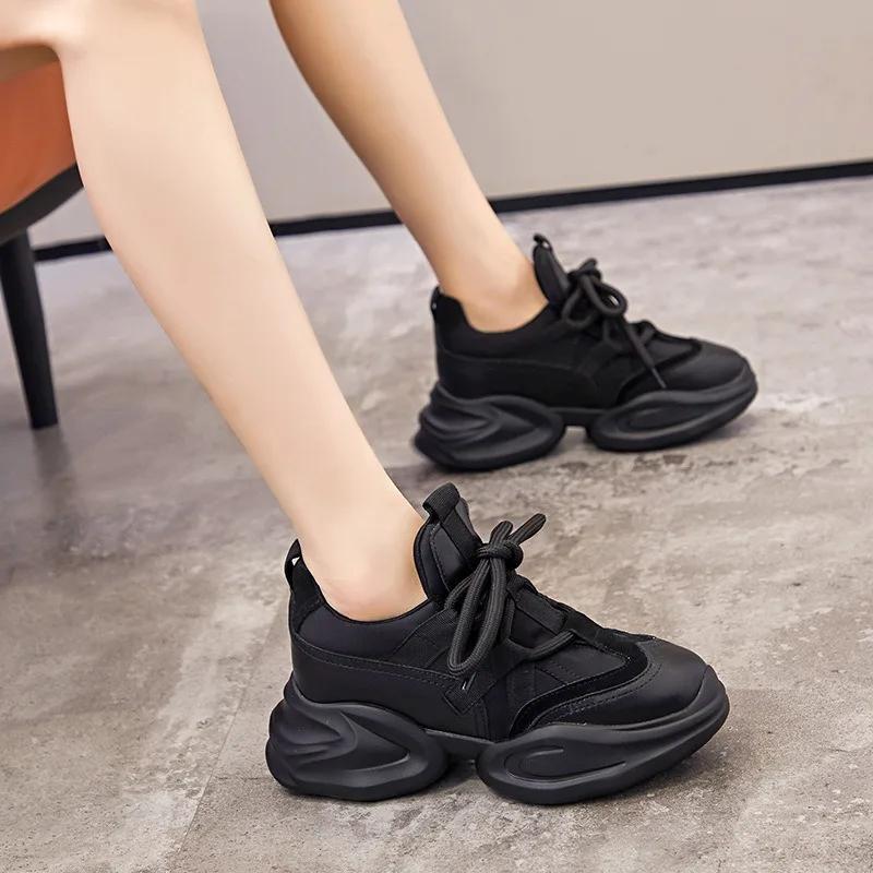 Fashion 8CM New Genuine Leather Women Summer Hollow Air Mesh Platform Wedge Chunky Sneakers Autumn Spring Fashion Lace-up Casual Shoes