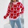 Women's Round Neck Contrasting Plaid Love Long-sleeved Pullover Sweater