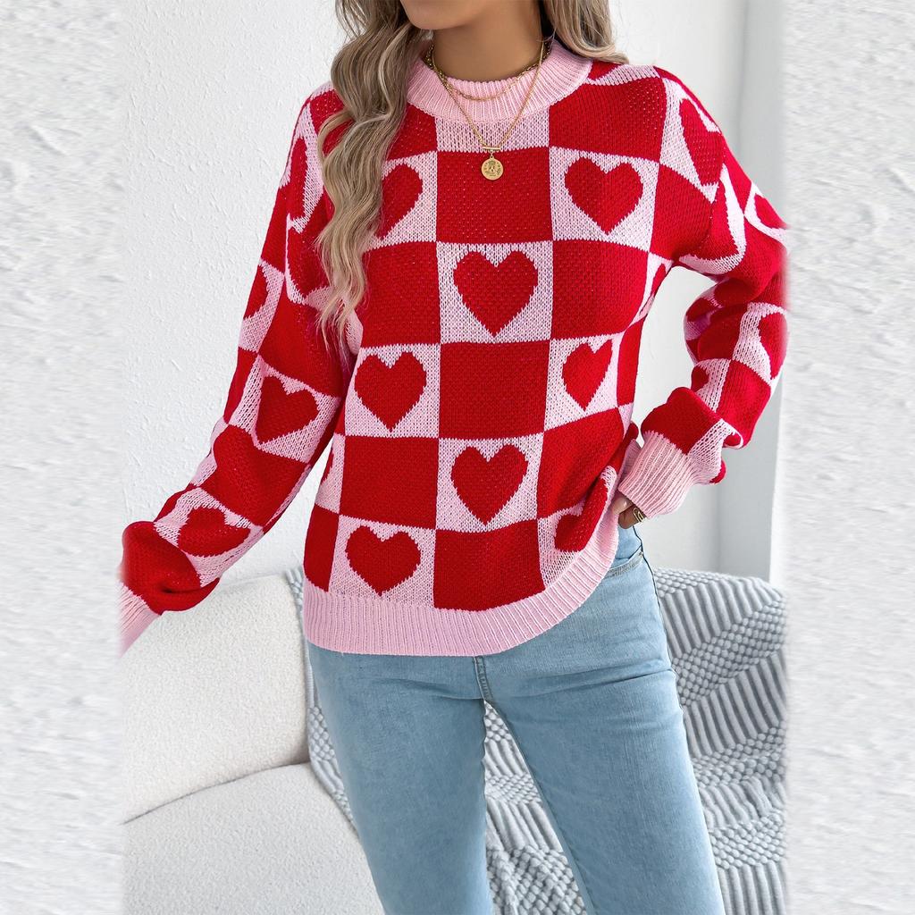 Women's Round Neck Contrasting Plaid Love Long-sleeved Pullover Sweater