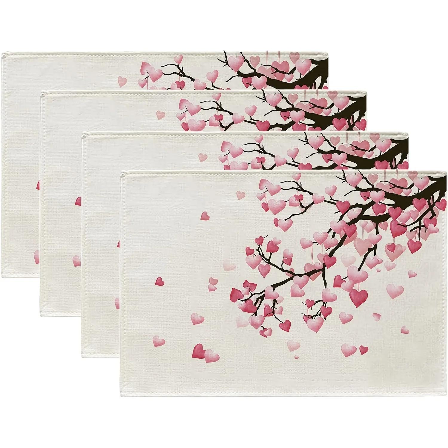 

4PC Valentine s Day Placemats Set of 4 Love Heart Shaped Branch Linen Table Mats Decorations Wedding Anniversary Banquet Kitch 30x45cm-4PC