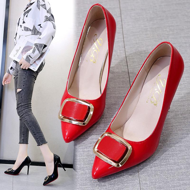 Sexy patent leather temperament high heels women's thin heels shallow mouth pointed square buckle single shoes women