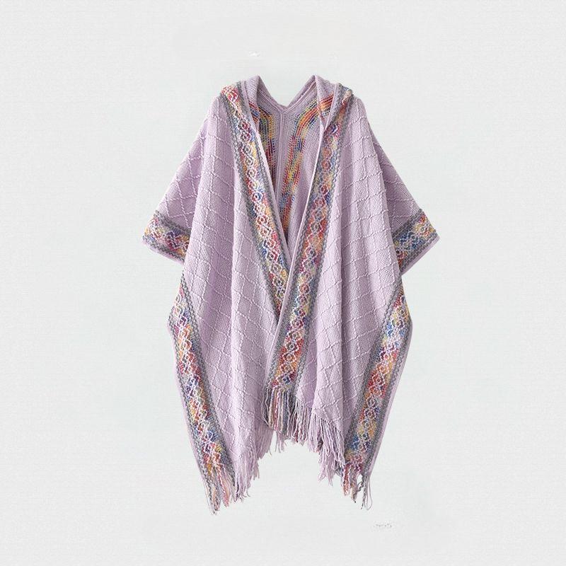 Ethnic Style Cape Hooded Wine Red Shawl Women Wearing Tassel Knitting Yunnan Xinjiang Xizang Tourist Cloak Cloak