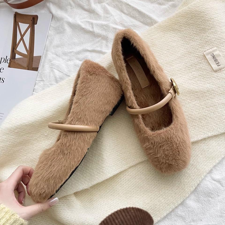 Real Wool Version~ Inner Height Increase 4cm Grape Ma Ballet Single Shoes Velvet Warm Fluffy Shoes Women Wear Mary Jane Shoes In Winter