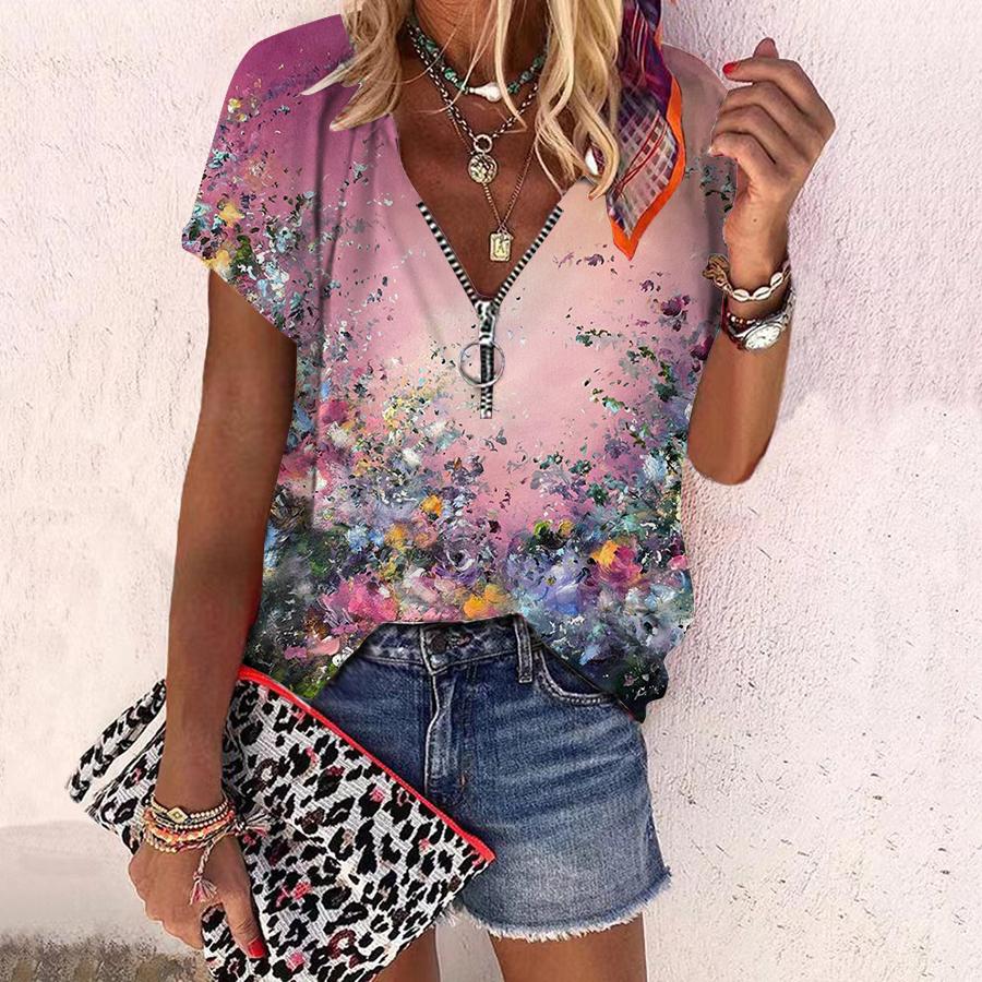Women's Top Summer New Fashion Rose Flower Rendering Flowers Printed Casual Zipper V-neck Short Sleeve Top