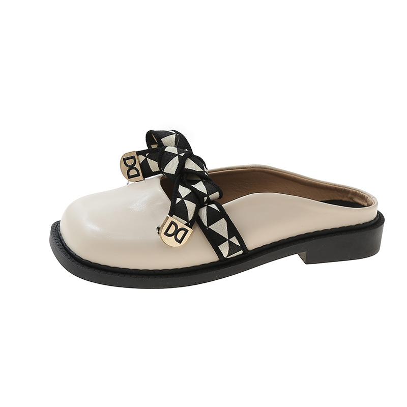 Baotou half slippers women's summer wear fashion bow round head retro flat bottom without heel lazy cool slippers