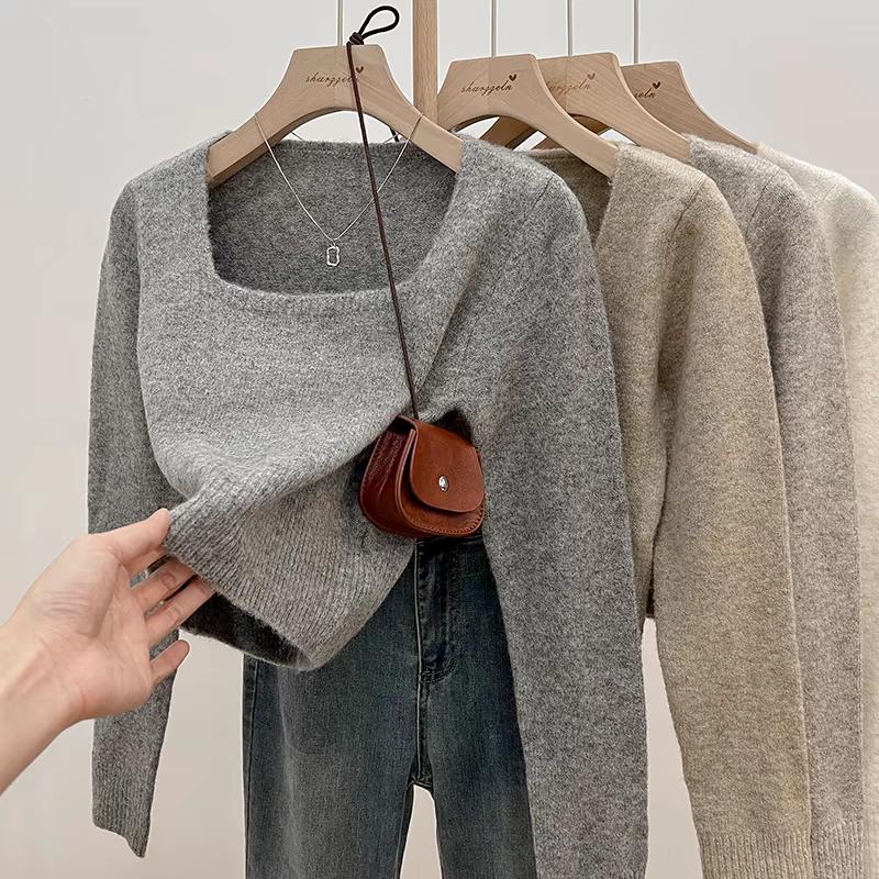 

Women s Korean Style Square Neck Knitted Top Autumn Clavicle-Baring Short Length Upper Garment S