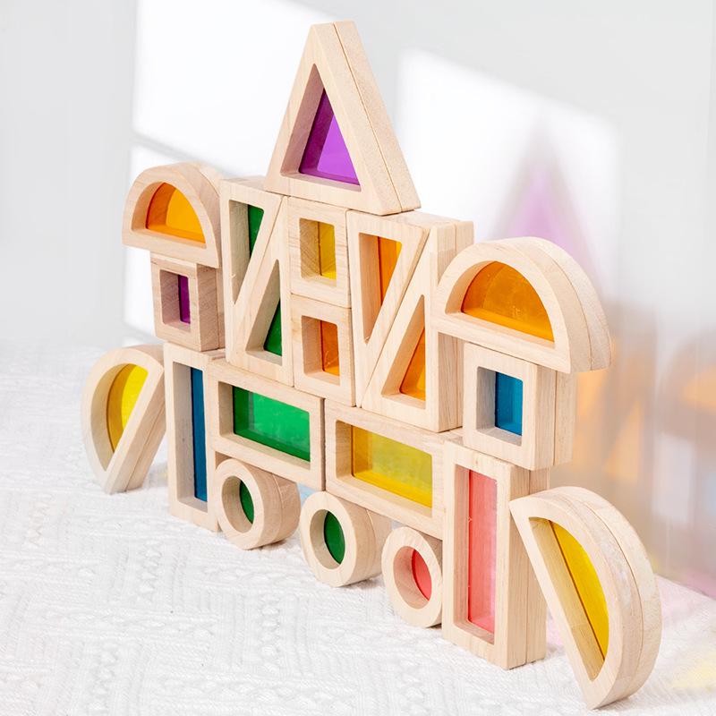 Children's Wooden & Acrylic Translucent Rainbow Building Blocks - Creative Educational Toys for Early Learning
