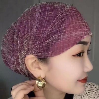 Sheer Chiffon Pleated Turban Best-Selling Slouchy Hat Autumn Lightweight Mom Hat Hair Cover Lace Pull-On Cap