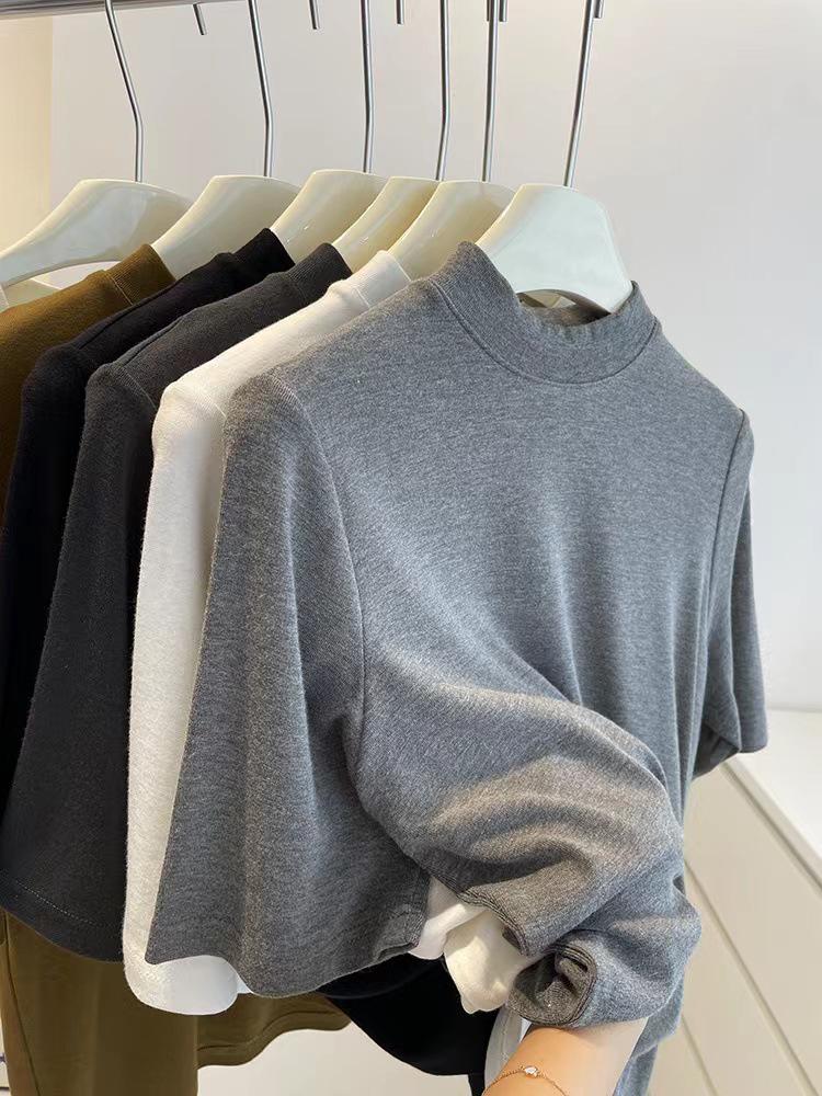 Women's Short-Sleeve, Half-High Collar Brushed T-Shirt - Chic, Thickened Base Layer