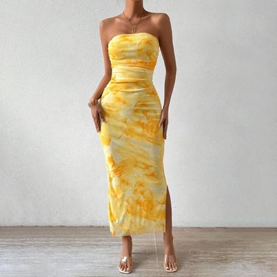 Women's Mesh Print Dress Spring and Summer New High Waist Slim Slit Strapless Hip Skirt