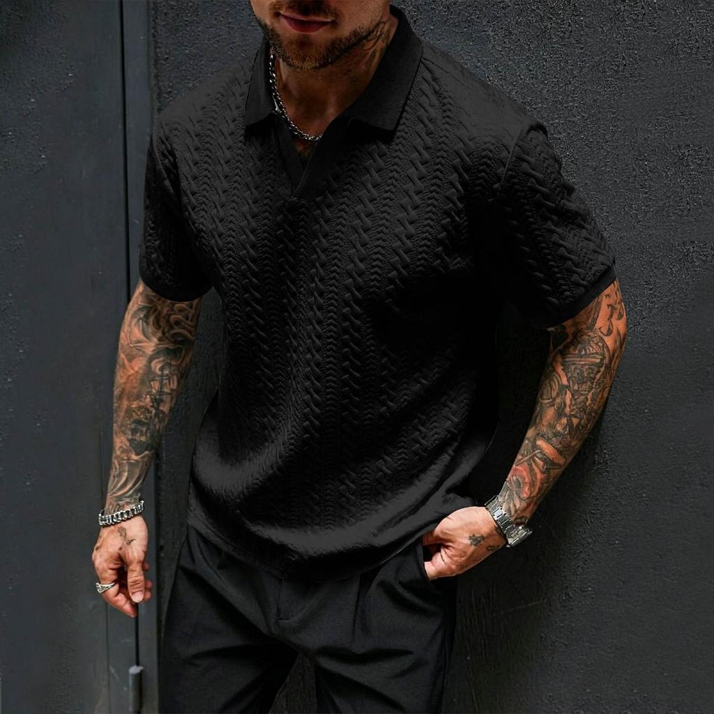 Men's Jacquard Knit Polo Shirt Short Sleeve Slim Fit V Neck Casual Summer Top with Contrast Collar and Cuffs