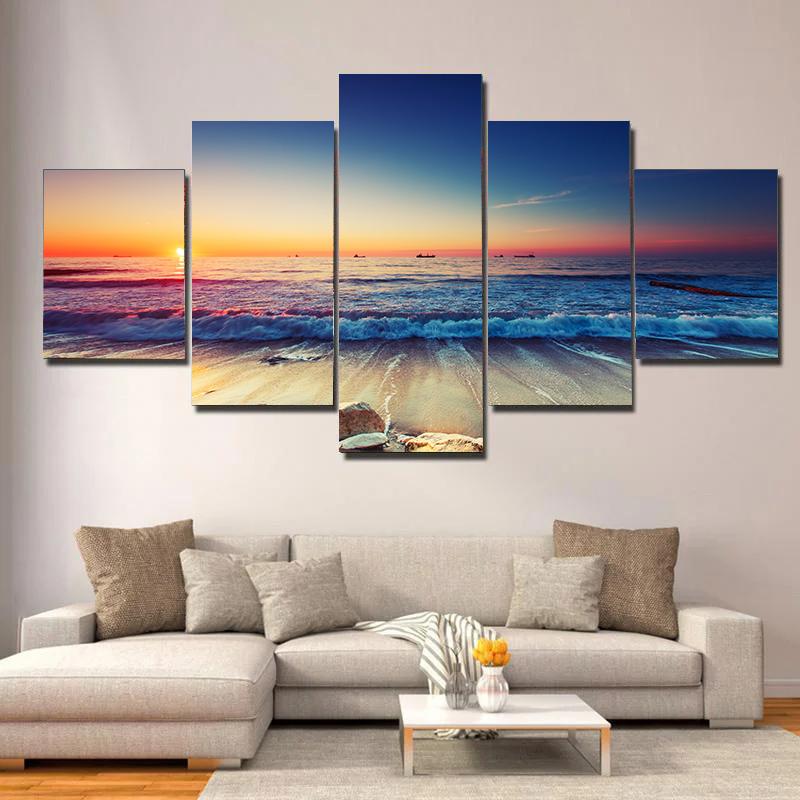

5 pieces Seaside Landscape Canvas Painting, Sunrise, Sunset, Coconut Trees and Ocean Waves, For Home Room Hotel Decor, No Frame 20x35 20x45 20x55cm