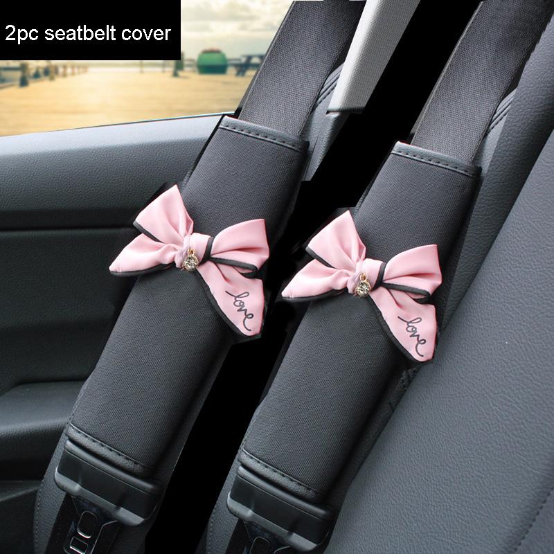 Cute Diamond Pink Bow Universal Car Neck Pillow Four Seasons Ice Silk Auto Seat Headrest Holder Waist Support Car Accessories