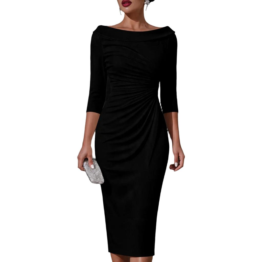 Women's Off-Shoulder Bodycon Midi Dress with Three-Quarter Sleeves and Ruched for Evening Parties