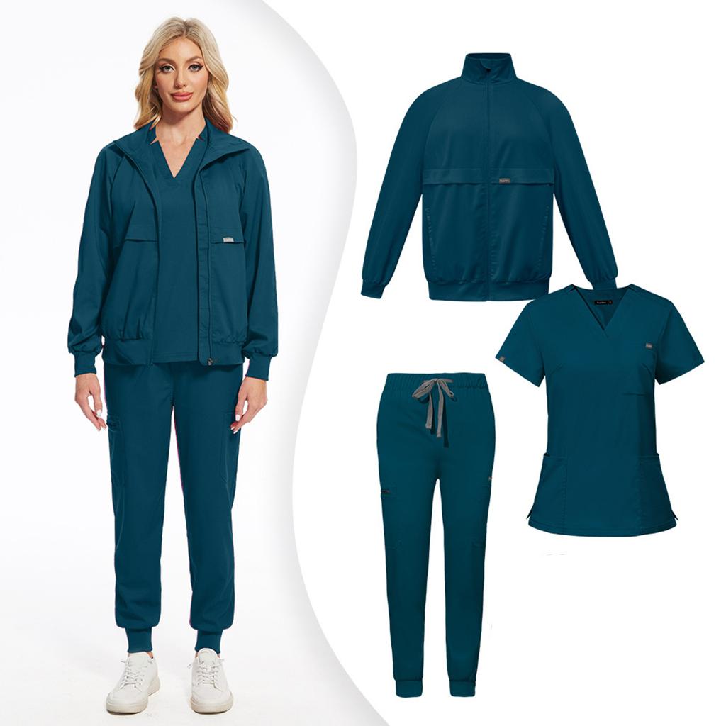 Women's Loose And Comfortable V-neck Short Sleeved Workwear With Multiple Pockets And Beauty Suit Set