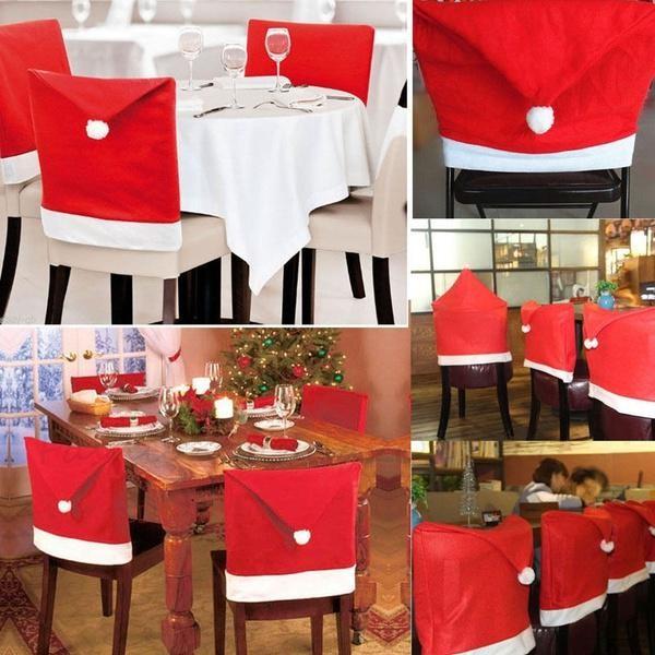 Festive Red Christmas Chair Cover With Santa Hat Design For Holiday Dinner Parties