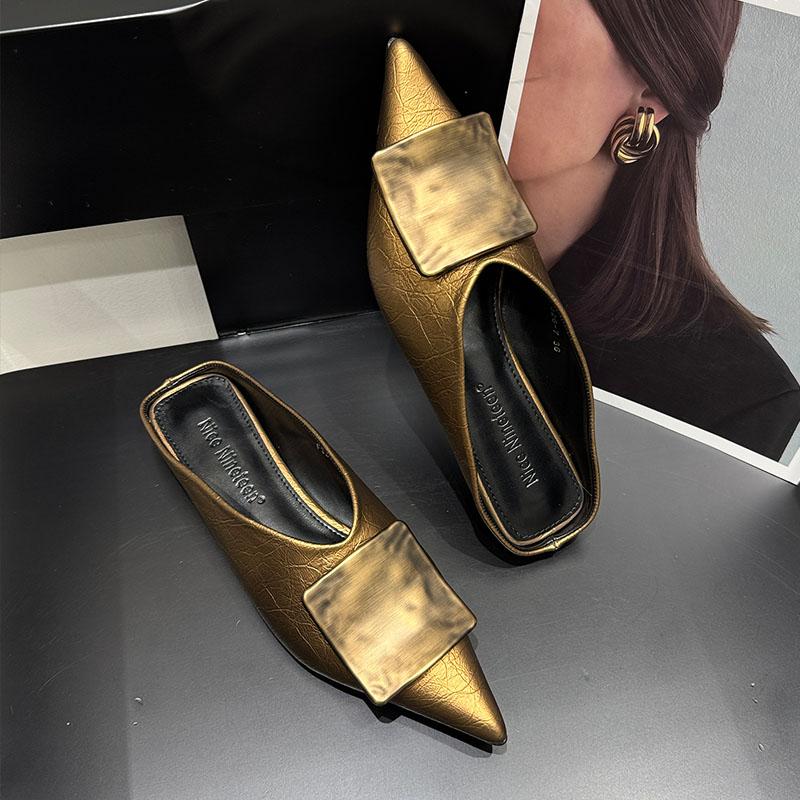 Mode Mode Metall Kvinnor Ballerinaskor Tofflor Skor Mules Sandaler Vår Sommar Strand Kvinnliga Slides Spetsig Tå Damer Ballerinaskor Tofflor Skor