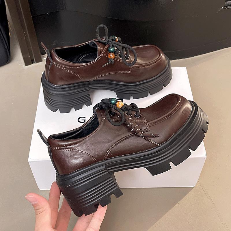 Large Size British Style Small Leather Shoes Women's Autumn 2025 New Versatile Thick Sole Heightening Lace-up Single Shoes Retro Loafer