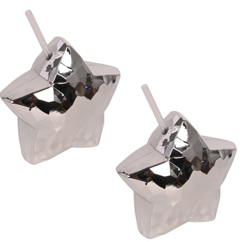 

Set of 2 Multifunctional Straw Cup Creative Star Shaped Drinkware Portable Beverage Cups for Women Party Supplies серебряный