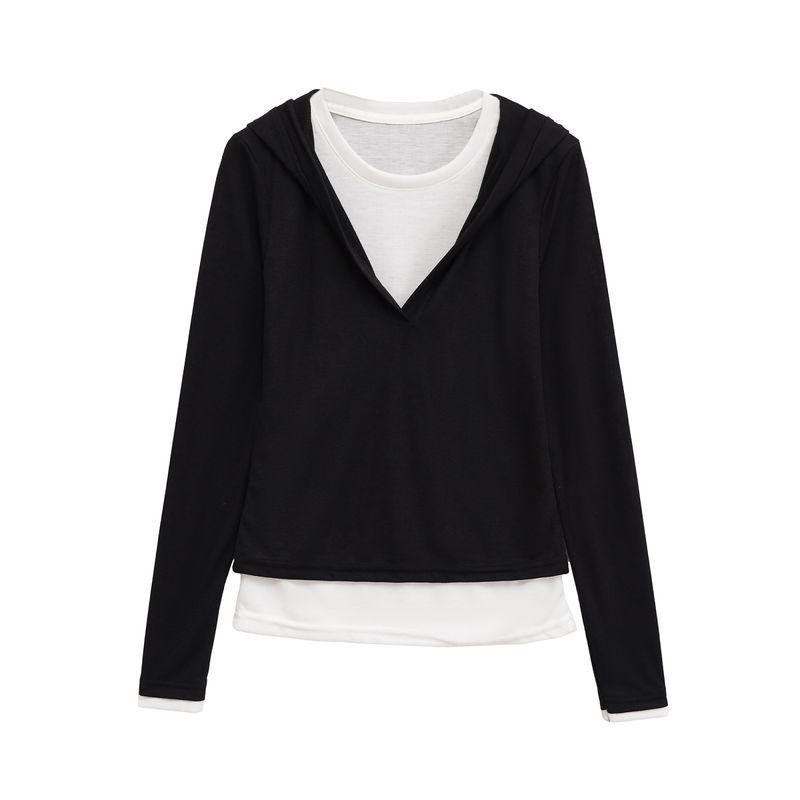 

Za New Fall Women s Clothing 2025 Fashion Wind Casual Contrast Colors False-Two-Piece Hooded Slim Fit Long-Sleeved T-shirt 450298 Black L