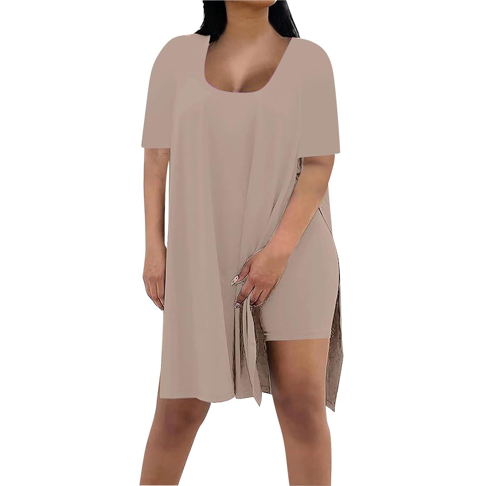 

Модный женский летний однотонный свободный костюм из двух частей с короткими рукавами L бежевый