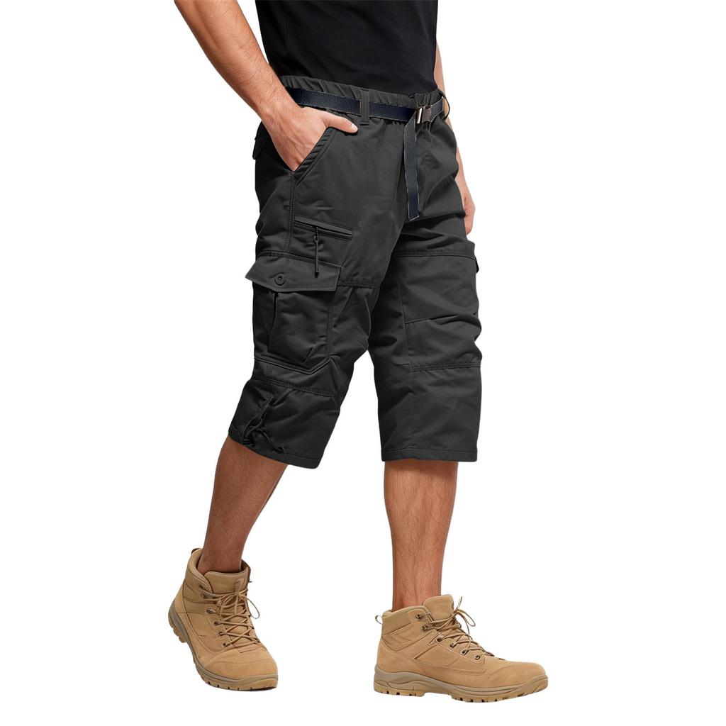 Men's Outdoor Cargo Shorts Below Knee Length Multiple Pockets Adjustable Waistband Relaxed Fit Durable Fabric