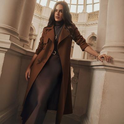 Damen Braun Zweireihig Lang Trenchcoat Mit Gürtel Lässig Einfarbig Oberbekleidung