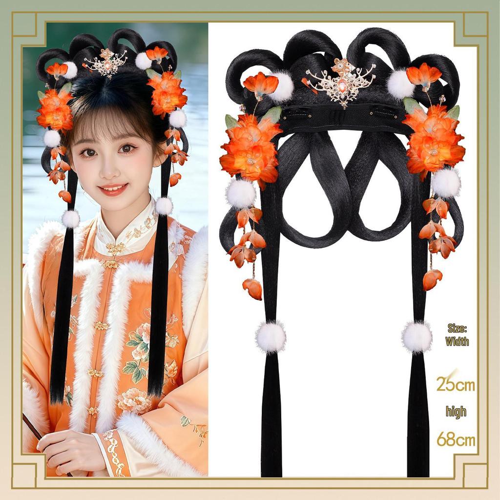 Ancient Hanfu Wig Accessory Set: Sweet Hair Bun with Tassel Flower Headdress for Women