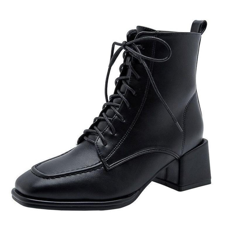 High heel square head single boots autumn and winter new thick heel boots lace-up high short boots Martin boots women