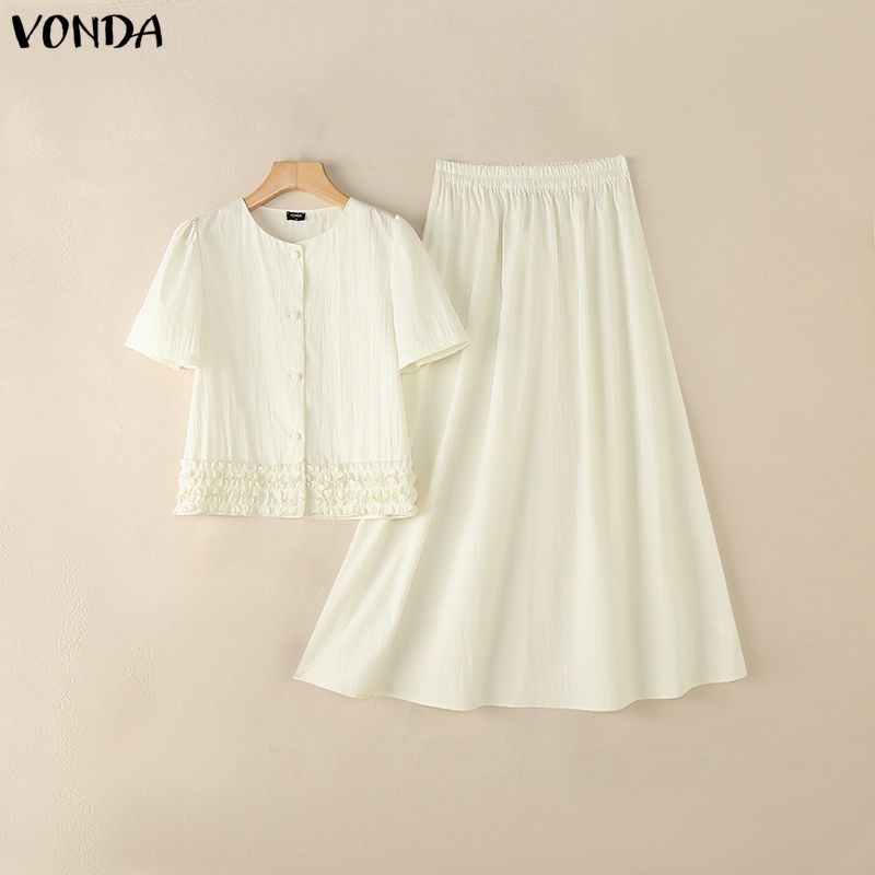 VONDA Women Outfits Short Sleeve Ruffled Blouse and Skirts Casual Two Piece Suit Elegant Sets