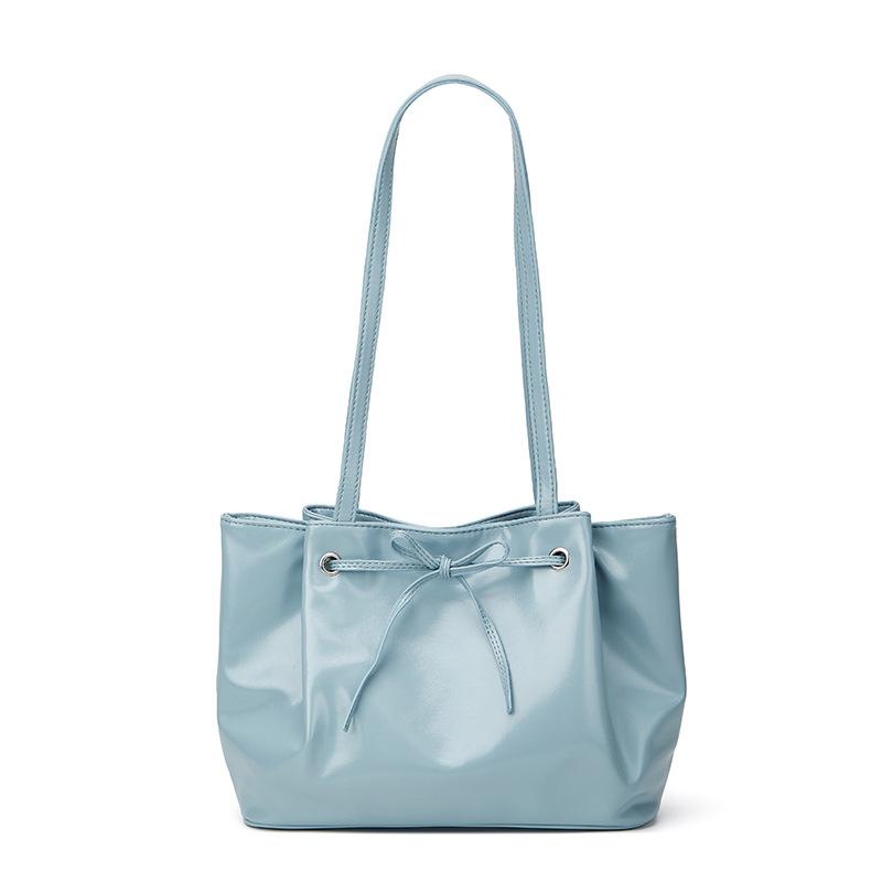 

Нишевая сумка-ведро на шнурке из вощеной кожи с бантом, женская, с высоким чувством, простая и универсальная, портативная, на плечо, подмышку синий