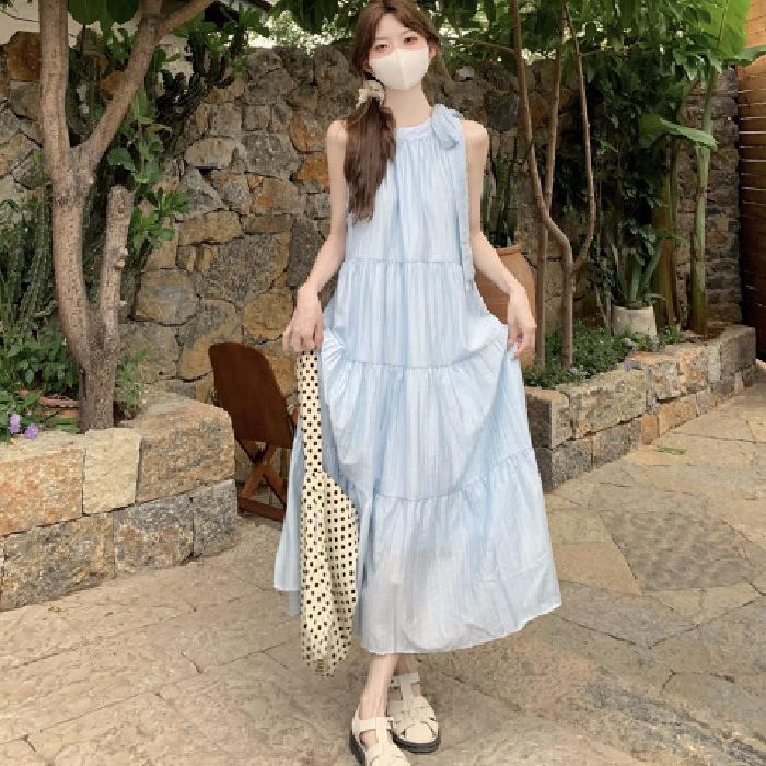 Seaside Vacation Wind Neck Sling Dress Women's Summer Gentle Wind Temperament Beach Dress Fairy Long Dress