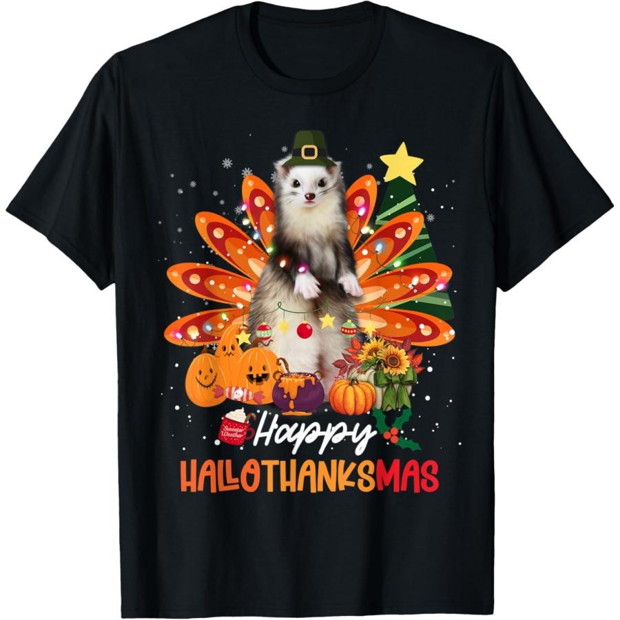 

Halloween Thanksgiving Christmas Happy HalloThanksMas Ferret T-Shirt XXXXXL чорний