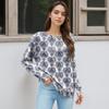 Women's Winter Color-Block Printed Lightweight Brushed-Cotton Round Neck Top