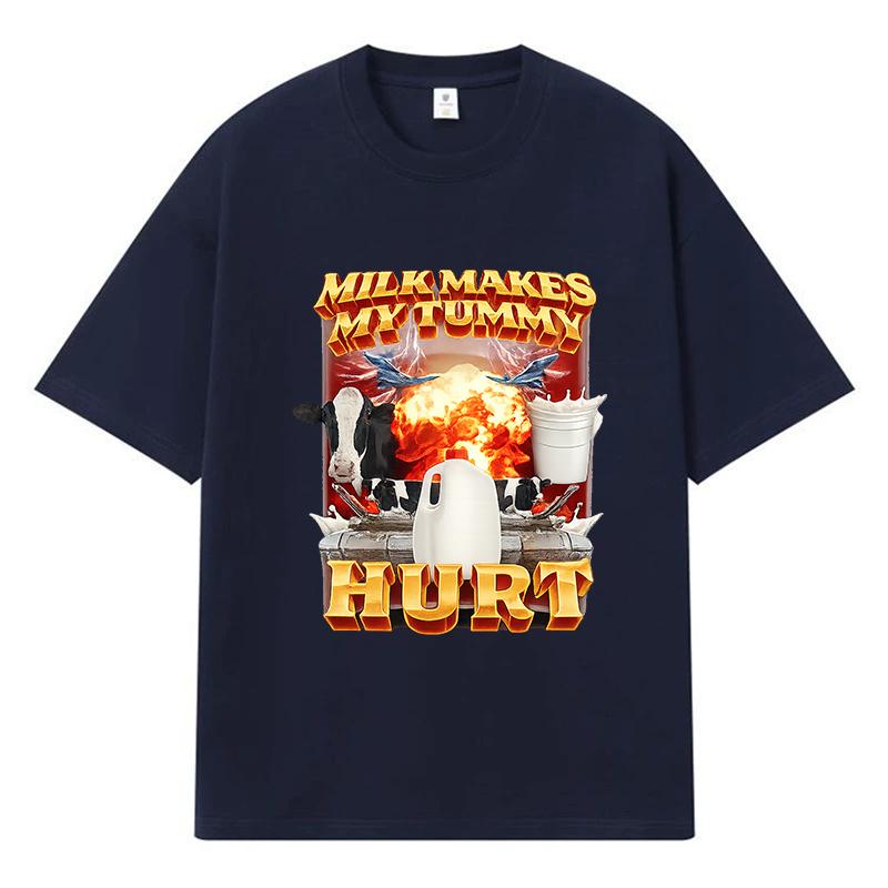 2026 Milk Makes My Tummy Hurt Printed Graphic Y2k Harajuku Streetwear 100% Cotton T Shirt Casual Oversized Summer Men T-shirt